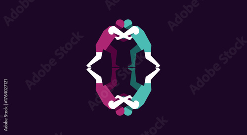 Dynamic duo in intense grappling match, mirrored for striking visual impact, representing competition, challenge, and synergy in modern abstract art