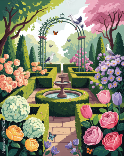Lush Illustrative Formal Garden With Fountain, Colorful Flowers, Birds, Butterflies, and Sculpted Hedges Under Spring Trees