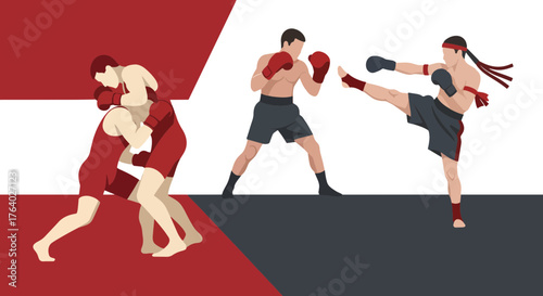 Dynamic martial arts showdown with wrestlers and kickboxers in action showing power, strength, and athleticism for sports and combat enthusiasts