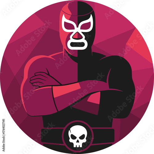 Mysterious luchador posing with crossed arms and skull belt, perfect for fighting game promotion or unique branding with a powerful, striking visual