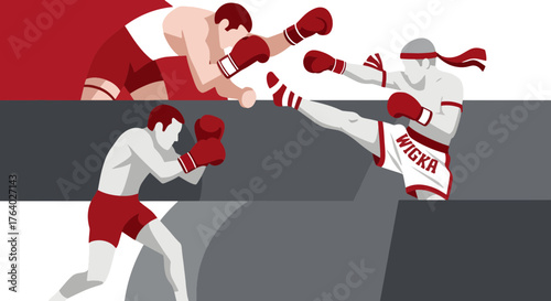 Dynamic Muay Thai fighters sparring in stylized match illustration: Perfect for sports blogs, fitness promotions, and martial arts academy designs