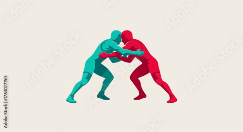 Dynamic dueling wrestlers locked in intense struggle, symbolizing competition, sportsmanship, and the pursuit of victory in a stylized, modern graphic