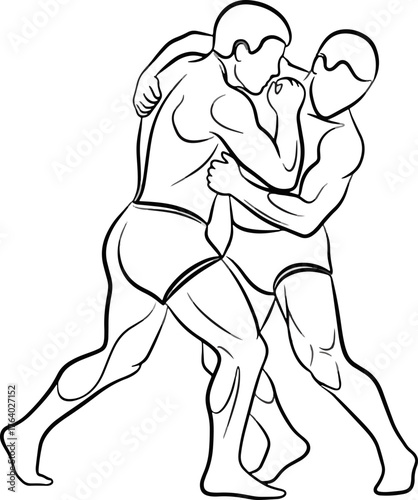 Dynamic line art captures the intense struggle and raw power of two wrestlers locked in a fierce grapple, showcasing athletic prowess and competitive spirit.