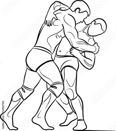Dynamic wrestling match captured in a striking continuous line art style, showcasing athletic strength and intense competition between two powerful athletes.