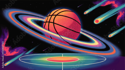 Vibrant Neon Basketball Planet in Outer Space with Colorful Rings and Shooting Stars, Surreal Sci-Fi Sports Concept Illustration