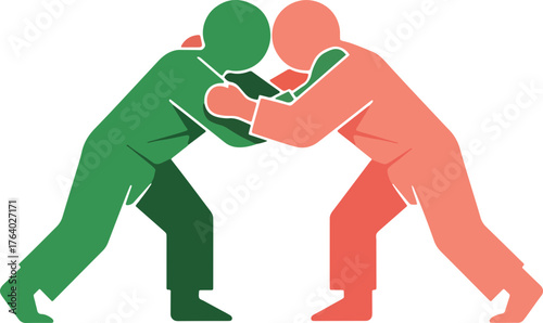 Dynamic duel between two stylized figures locked in grappling combat, symbolizing competition, struggle, and athletic prowess in a clean, modern graphic style.