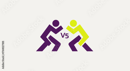 Two stylized figures in purple and yellow clash in a dynamic competition, symbolizing rivalry and strategic challenge with a bold V5 graphic.