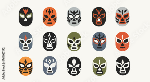 Vibrant collection of diverse luchador masks in bold colors, showcasing dynamic Mexican wrestling culture and tradition