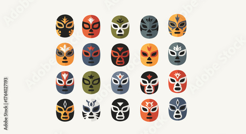 Vibrant collection of diverse lucha libre wrestling masks in bold colors, perfect for cultural celebrations, sports events, or festive designs, capturing dynamic energy and tradition.