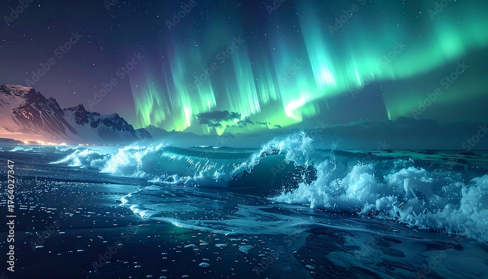Naklejka premium Stunning Aurora Borealis Illuminates Icy Ocean Waves and Snow-Covered Mountains at Night.