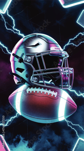 Neon Glowing American Football Helmet and Ball with Electric Lightning Effects on Dark Futuristic Background – Sports Energy Concept