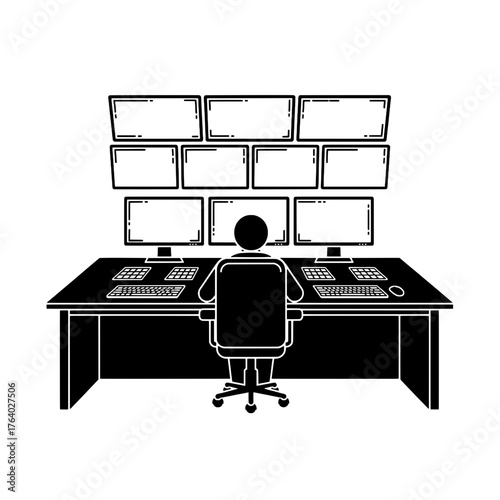 Security Monitoring Control Room Icon, Operator at Multi-Screen Workstation