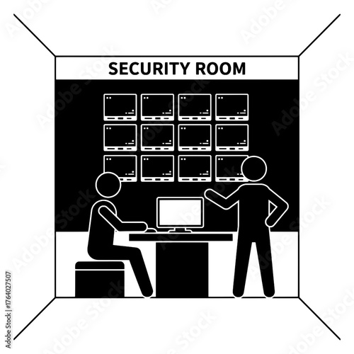 Security Room Control Center Icon, Two Guards Monitoring CCTV Video Wall