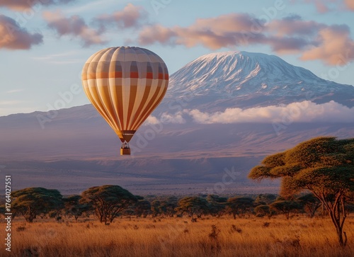 Hot air balloon floats over savanna with snow-capped mountain