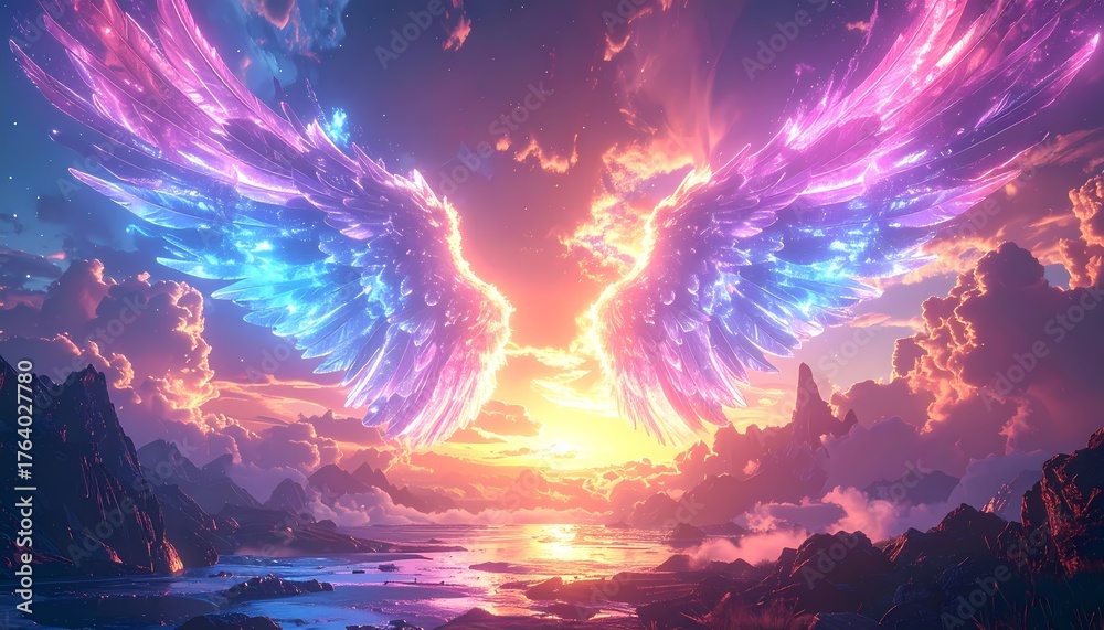 Fototapeta premium Vibrant Angel Wings in a Dreamy Sunset Sky with Reflective Waters.