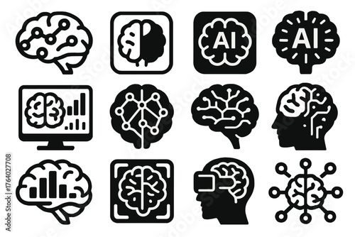Frontal Lobe UI silhouette set: brain with data points, highlighted front brain in app style, AI brain with frontal lobe glow, dashboard brain metrics, neural network brain,