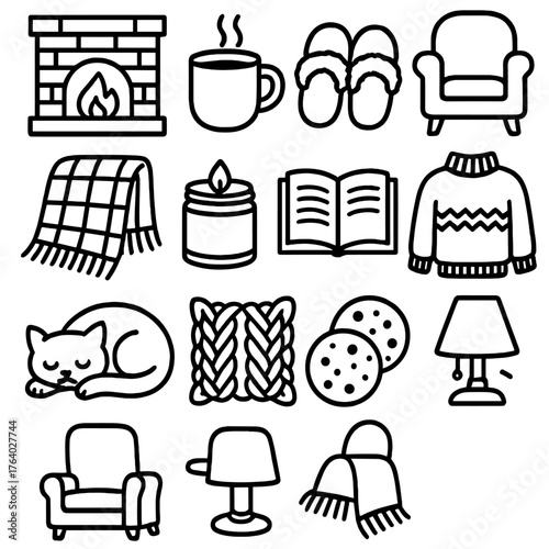 Winter Cozy Indoors outline icon set: fireplace, steaming mug, fuzzy slippers, armchair, cozy blanket, candle jar, open book, wool sweater, cat sleeping, knit pillow, cookies, lamp