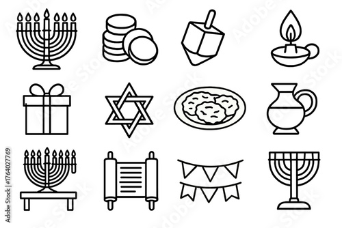 Hanukkah Celebration outline icon set: lit menorah, golden coins, dreidel top, candle flame, gift ribbon, star ornament, latkes dish, celebration table, oil lamp, prayer scroll,