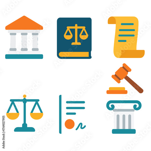 Precedent flat icons: courthouse, law book, scroll, gavel, scales, document, column, signature.