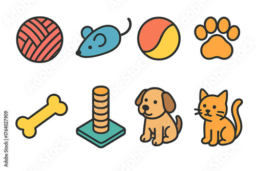 Animal Play flat isometric set: yarn, toy mouse, ball, paw, bone, scratching post, dog, cat.