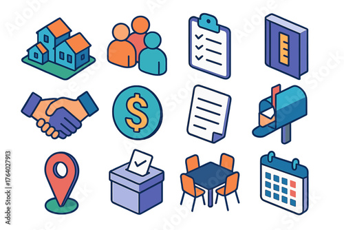 HOA flat isometric set: house cluster, people group, clipboard, rule book, handshake, dollar icon, document, mailbox, map pin, ballot, meeting table, calendar.