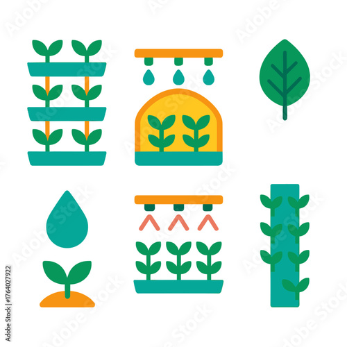 Vertical Farming flat icons: plant trays, irrigation system, greenhouse, leaf, droplet, grow lights, tower, seedling.