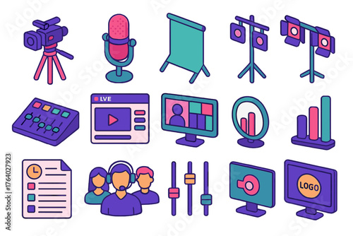 Professional Livestream Tools flat isometric set: camera tripod, studio mic, green screen, lighting rig, control panel, streaming software window, preview monitor, signal indicator