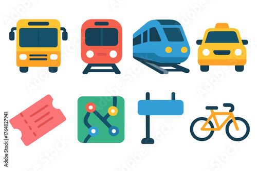 Public Transportation flat icons: bus, subway, train, taxi, ticket, route map, station sign, bicycle.