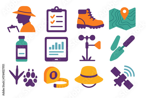 Field Studies flat icons: researcher silhouette, clipboard notes, hiking boots, terrain map, water sample bottle, digital tablet, weather sensor, soil trowel, wildlife tracks,