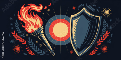 Vintage Torch and Shield Illustration with Radiant Sun, Laurel Wreaths, and Fireworks on Dark Background – Symbolic Victory and Protection Artwork