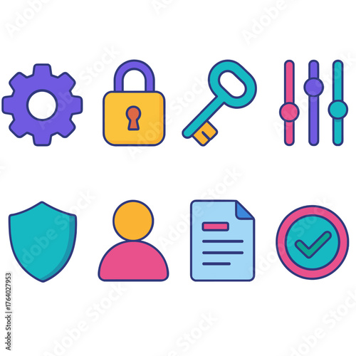 Account Settings flat isometric set: gear, lock, key, sliders, shield, person icon, document, checkmark.
