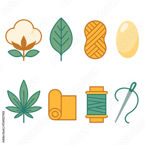 Natural Fabrics flat icons: cotton boll, linen leaf, wool yarn, silk cocoon, hemp leaf, fabric roll, thread, needle.