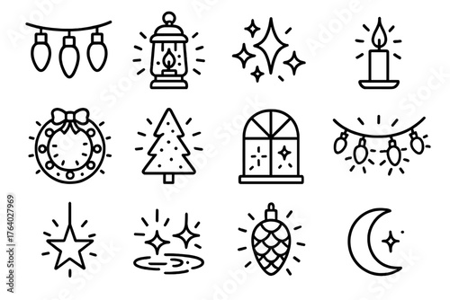Holiday Lights outline icon set: festive bulbs, glowing lantern, star cluster, candle flame, wreath lights, tree illumination, window silhouette, garland sparkle, hanging star,