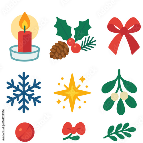 Christmas Candle — Peaceful glow flat icons: candle flame, holly branch, pinecone, ribbon bow, snowflake, glass holder, glowing star, mistletoe.