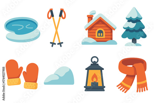 Winter Season flat icons: frozen pond, ski poles, cozy cabin, snow-covered pine, fluffy mittens, snow drift, lantern, warm scarf.