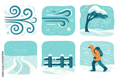 Blizzard Winds flat icons: swirling snow, strong gusts, bent trees, blowing flakes, snow-covered road, icy fence, low visibility, bundled traveler.