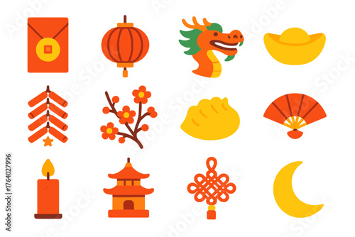 Lunar New Year Symbols flat icons: red envelope, lantern, dragon, gold ingot, firecracker, blossom branch, dumpling, fan, candlelight, pagoda, fortune knot, moon.