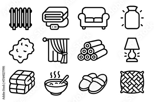 Winter Essentials – Home Warmth outline icon set: radiator, electric blanket, cozy couch, hot water bottle, wool rug, curtain drape, firewood stack, glowing lamp, thick quilt,