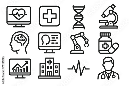 Healthcare AI Applications outline icon set: heart monitor, medical cross, DNA strand, microscope, brain scan, diagnostic screen, robot arm, pill bottle, data chart, hospital icon,