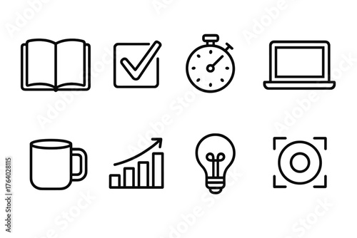 Productivity Boost outline icon set: open notebook, checkmark box, timer, laptop, coffee mug, rising graph, lightbulb idea, focus icon.