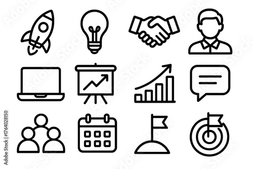 Startup Mentorship outline icon set: rocket, lightbulb, handshake, mentor avatar, laptop, whiteboard, growth arrow, bar chart, chat bubble, team icon, calendar, goal flag.