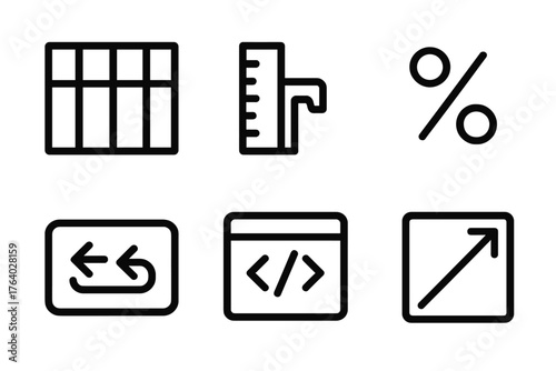 Fluid Grids outline icon set: column structure, measurement ruler, percentage symbol, flexible box, code window, scaling arrow.