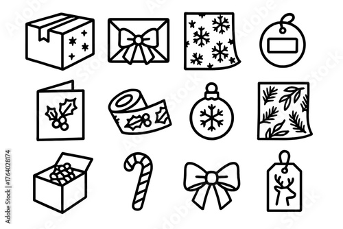 Holiday E-Commerce Packaging outline icon set: festive shipping box, red ribbon mailer, snowflake tissue paper, gift tag sticker, merry thank-you card, holly print tape, ornament
