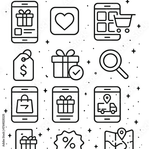 Gift Shopping Apps outline icon set: gift catalog screen, wishlist icon, product grid, shopping cart, price tag icon, gift wrap option, search bar, discount badge, checkout button,