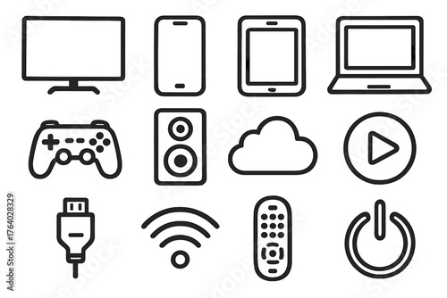 Device Compatibility set of icons in doodle hand-drawn vector style: TV screen, smartphone, tablet, laptop, game console, speaker, cloud, play button, HDMI plug, Wi-Fi symbol,