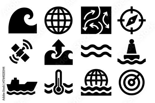 Global Currents silhouette set: ocean wave, planet icon, current map, compass icon, satellite feed, tide arrow, thermal line, buoy, ship silhouette, sea temperature gauge, globe