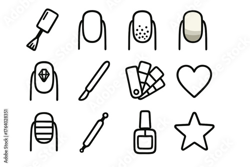 Modern Nail Styles set of icons in doodle hand-drawn vector style: polish brush, nail tip, glitter dust, ombre gradient, gem accent, cuticle pusher, color swatch, heart icon,
