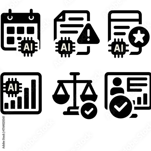 AI Academic Scheduling silhouette set: smart timetable generator, course conflict alert, predictive study planner, automated reminder system, adaptive schedule chart, workload