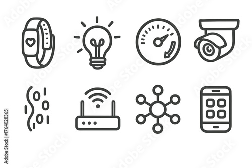 Connected Ecosystem set of icons in doodle hand-drawn vector style: wearable tracker, light bulb, thermostat, security camera, data stream, Wi-Fi router, hub center, smartphone app