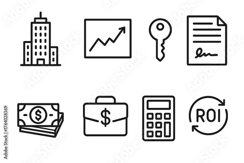 Real Estate Portfolio outline icon set: skyscraper, financial chart, property key, contract paper, money stack, investor briefcase, calculator, ROI symbol.